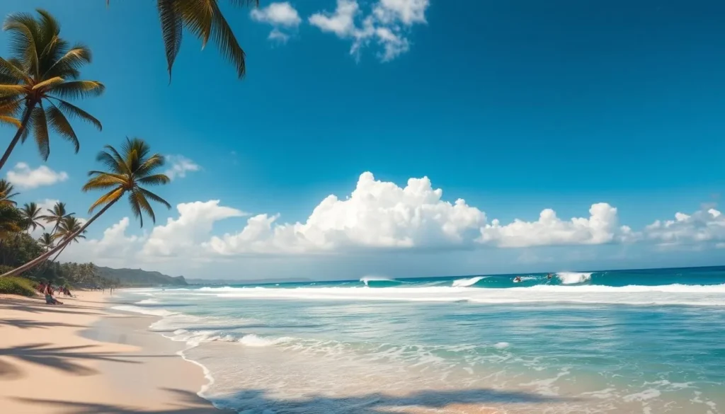 Idyllic North Shore scene, sun-kissed beach with gently lapping waves, swaying palm trees casting soft shadows, cumulus clouds drifting overhead in a brilliant azure sky. Surfers carve graceful lines through the glassy ocean swell, while beachgoers enjoy the warm tropical breeze. Capture the tranquil essence of this Hawaiian paradise, with natural lighting illuminating the lush, verdant landscape. Showcase the breathtaking beauty of the North Shore, a haven for outdoor enthusiasts and sun-seekers alike.