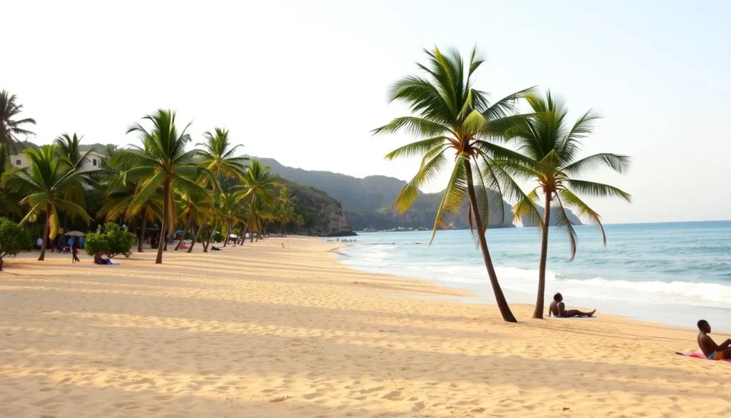 Idyllic beach in Cabinda, Angola. Soft, golden sand stretches as far as the eye can see, gently lapped by the warm, azure waters of the Atlantic Ocean. Lush, swaying palm trees line the shore, casting gentle shadows across the peaceful scene. A cloudless sky overhead bathes the landscape in a soft, golden glow, creating a serene and tranquil atmosphere. In the distance, rugged cliffs rise up, adding depth and drama to the picturesque landscape. Beachgoers relax on plush towels, soaking in the sun and the soothing sounds of the waves. This is a haven of relaxation and natural beauty, the perfect place to unwind and soak in the wonders of Cabinda's stunning coastline.