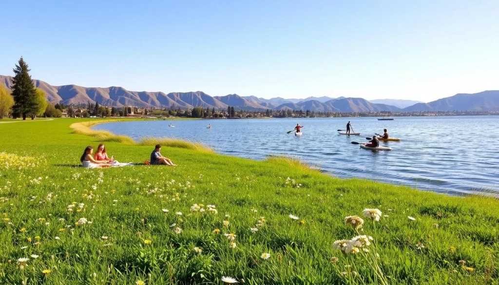 Idyllic lakeside scene at Lake Elsinore, California, on a sunny spring day. Vibrant green meadows dotted with wildflowers in the foreground, with families enjoying a picnic and children playing by the gently lapping waters. In the middle ground, kayakers and stand-up paddleboarders glide across the calm, shimmering surface, while in the distance, the rolling hills and mountains provide a scenic backdrop. Soft, warm lighting illuminates the serene atmosphere, inviting visitors to relax and immerse themselves in the natural beauty of this picturesque East End locale.