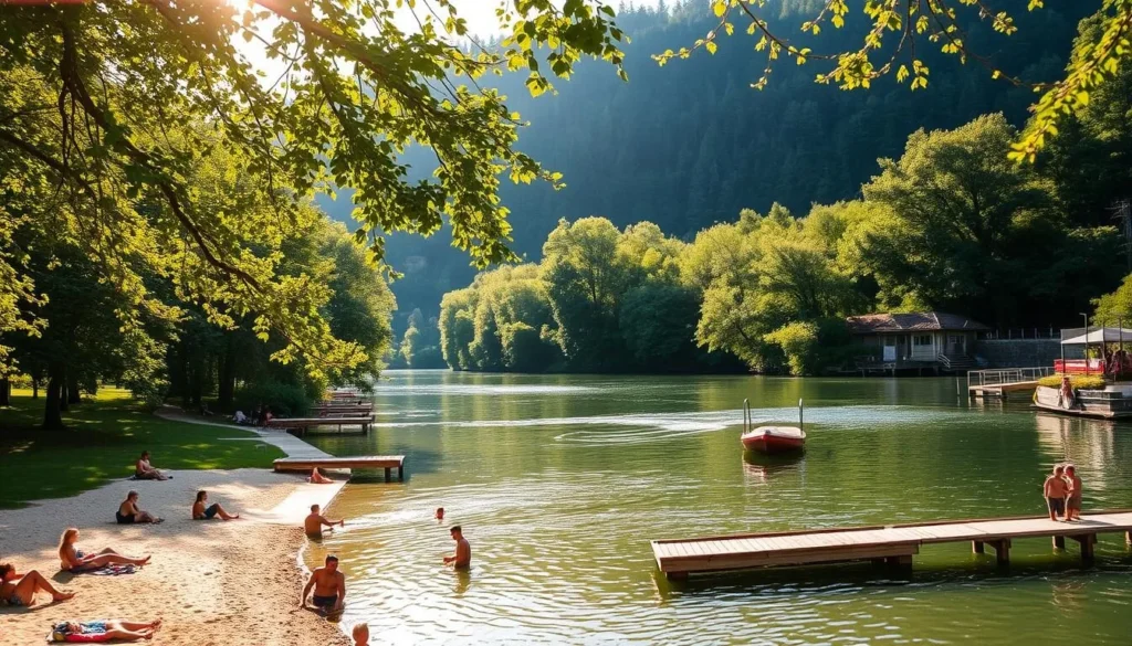 Idyllic riverside swimming facilities in the lush, verdant Thurauen Nature Park. A serene, tree-lined shoreline along the gently flowing Rhine and Thur rivers. In the foreground, people enjoying the cool, inviting waters, relaxing on the sandy beach or grassy banks. Warm sunlight filters through the leaves, casting a golden glow over the scene. Wooden docks and platforms extend into the rivers, allowing easy access for swimmers and boaters. A peaceful, picturesque setting, perfectly capturing the essence of summertime recreation in this natural Swiss oasis.