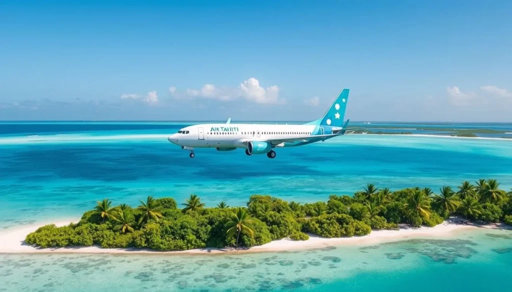 Image of Air Tahiti plane landing at a Tuamotu atoll