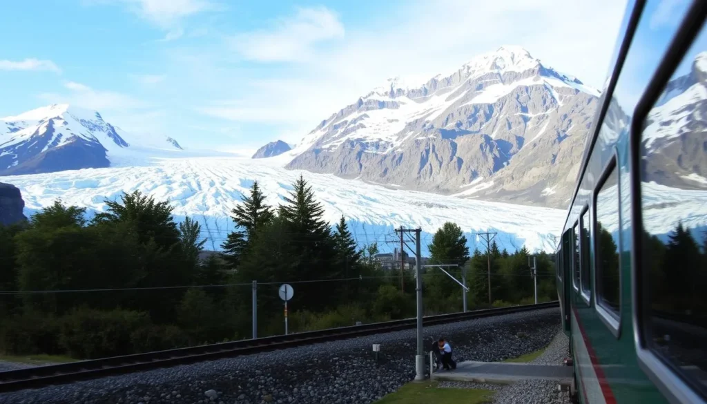 Image of Aletsch Glacier with a train passing by