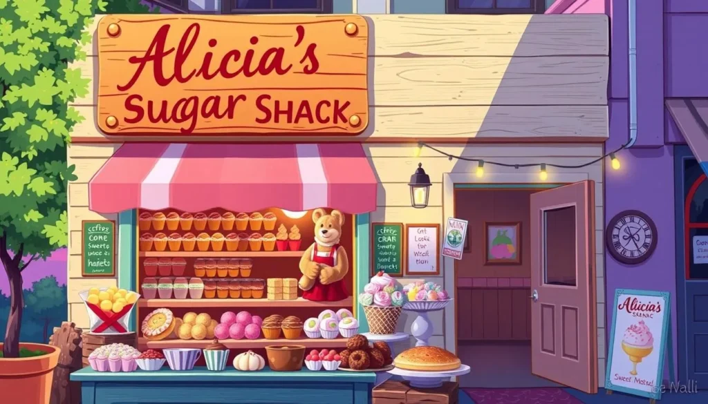 Image of Alicia's Sugar Shack with a sign and delicious treats outside