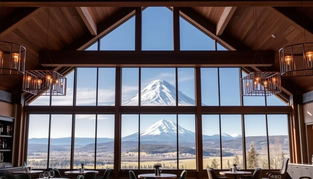 Image of Ambar Estate's tasting room with Mount Hood views