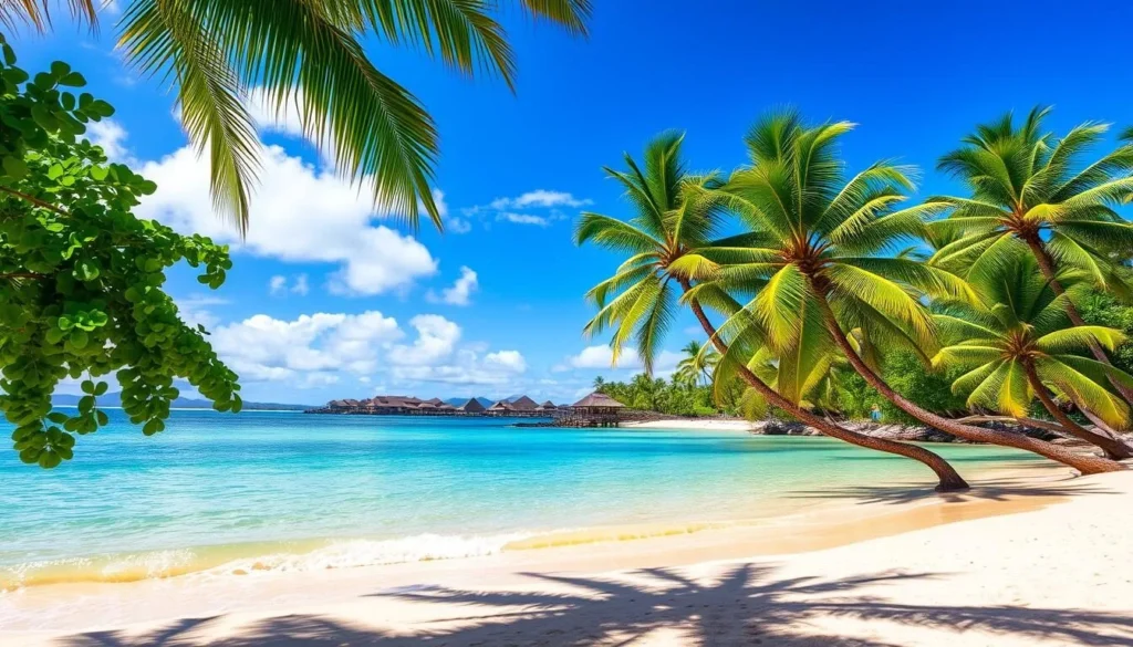 Image of Anaeho'omalu Beach with palm trees and clear waters