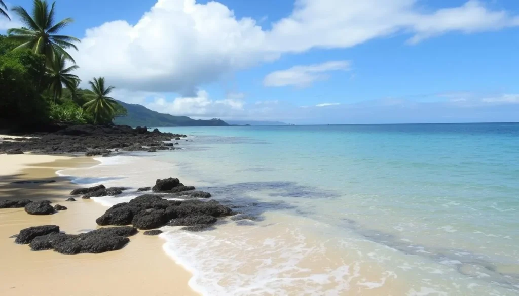 Image of Anini Beach with calm waters behind the reef