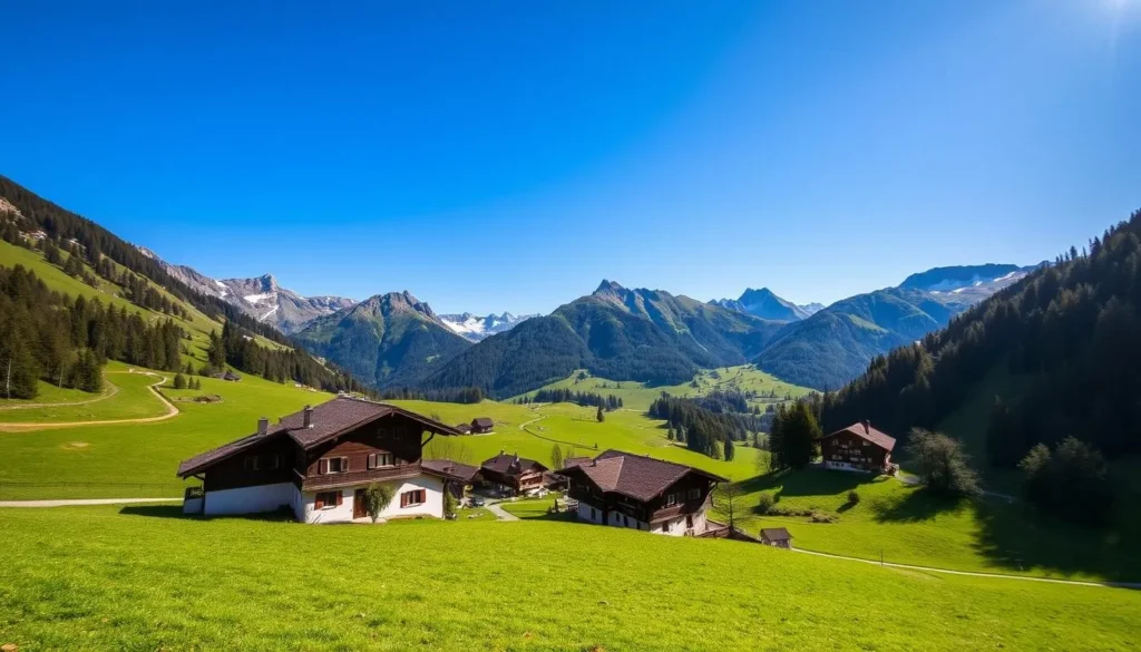 Image of Appenzellerland landscape with traditional Swiss chalets and rolling hills