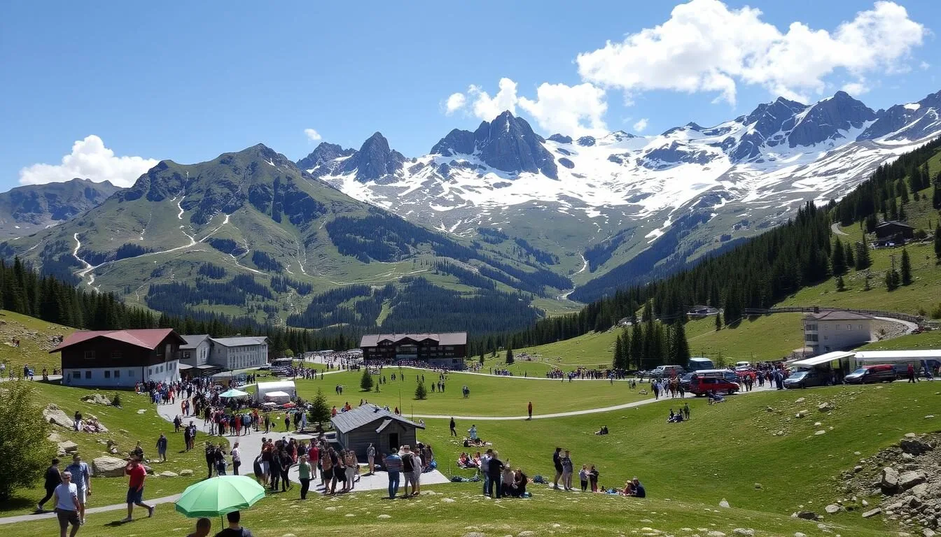 Image of Arosa's picturesque mountain landscape during peak tourist season
