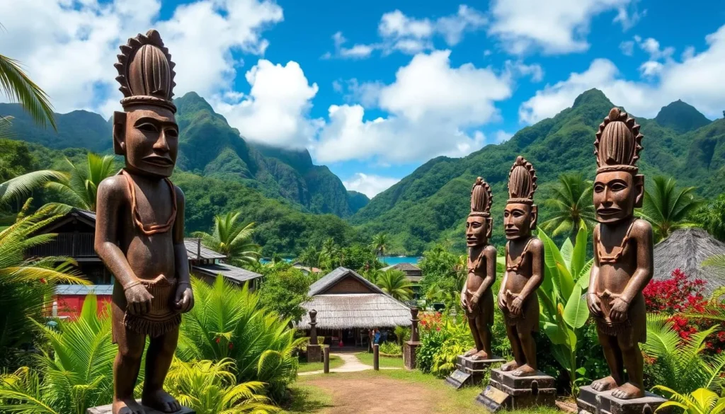 Image of Atuona Village, Hiva Oa, with traditional Marquesan statues and lush surroundings