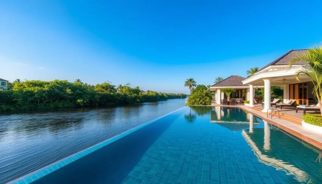 Image of Azerai Can Tho's riverside pool and luxury villa