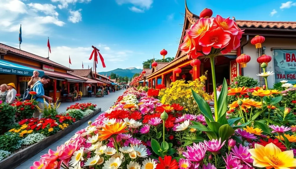 Image of Ba Bo Flower Village during Tet with vibrant flowers