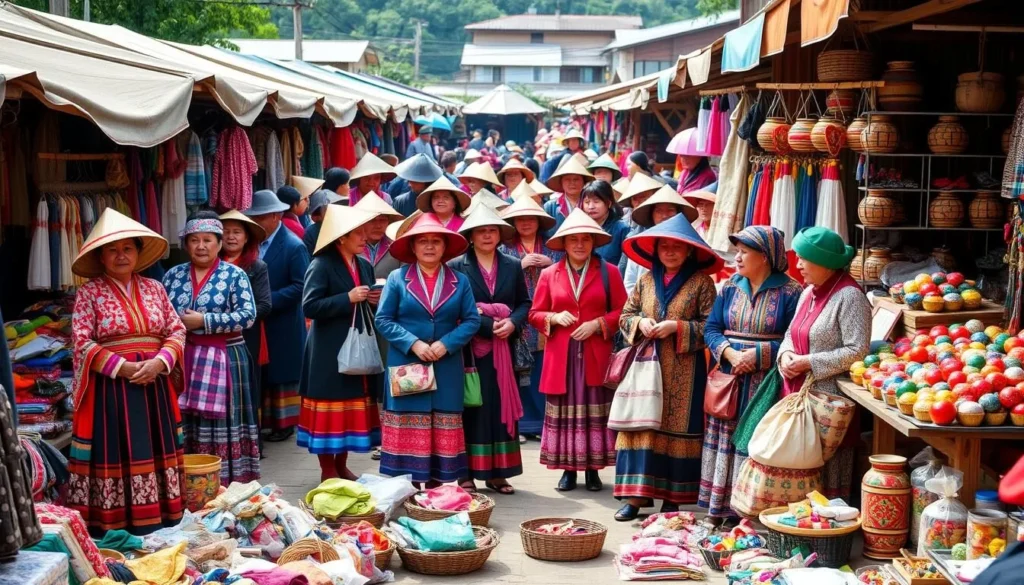 Image of Bac Ha Sunday Market with colorful ethnic minority people and their local products