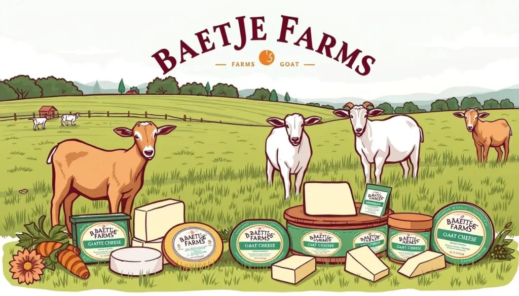 Image of Baetje Farms with goats grazing in a pasture and a variety of goat cheese products