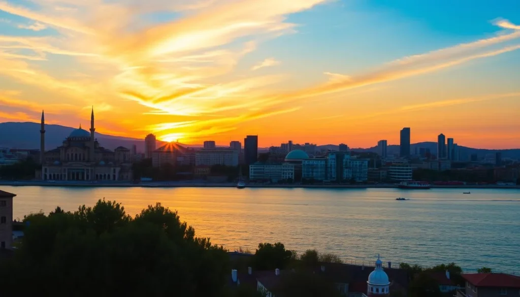 Image of Baku's skyline with a mix of ancient and modern buildings