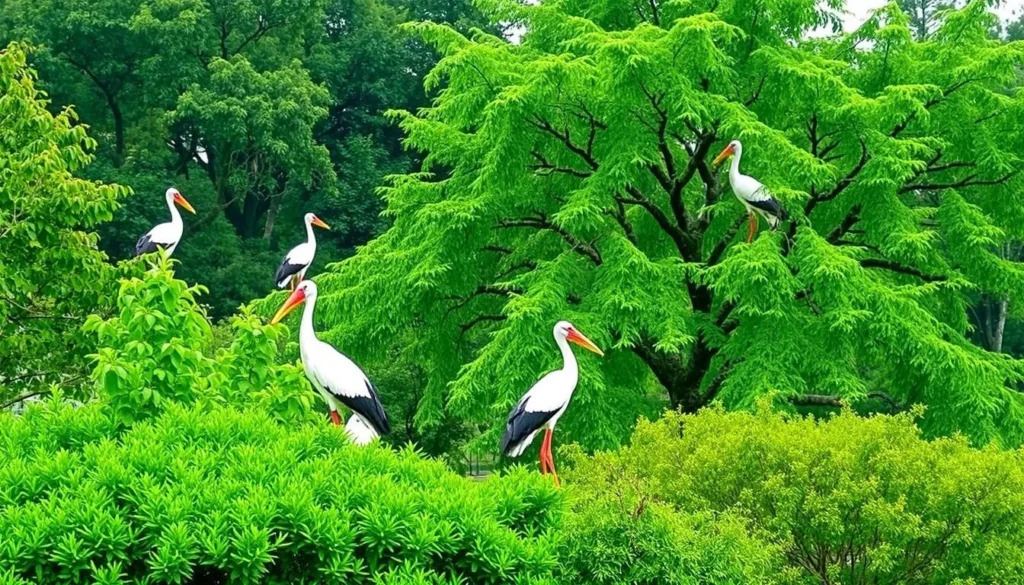 Image of Bang Lang Stork Garden with storks perched on trees