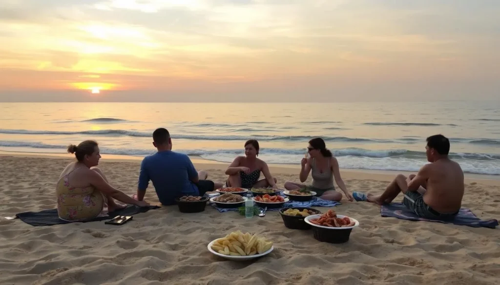 Image of Bangsaen Beach with people enjoying seafood and relaxing on the sand