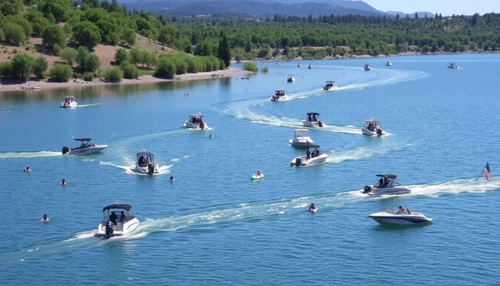 Image of Bartlett Reservoir with various boats and water sports equipment