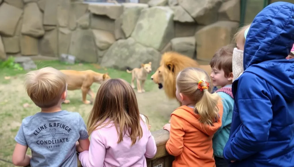 Image of Basel Zoo's lion enclosure with happy children watching