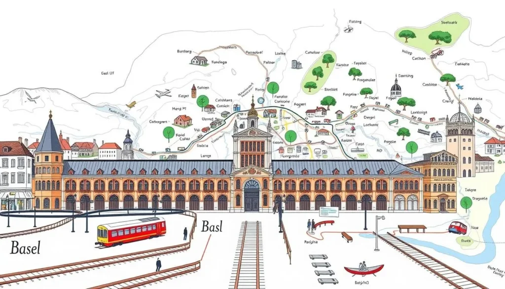 Image of Basel's main train station with a map of surrounding regions