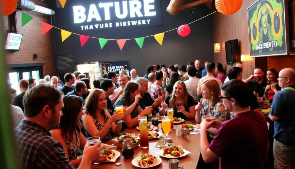Image of Bature Brewery's Taco Tuesday event with a lively crowd