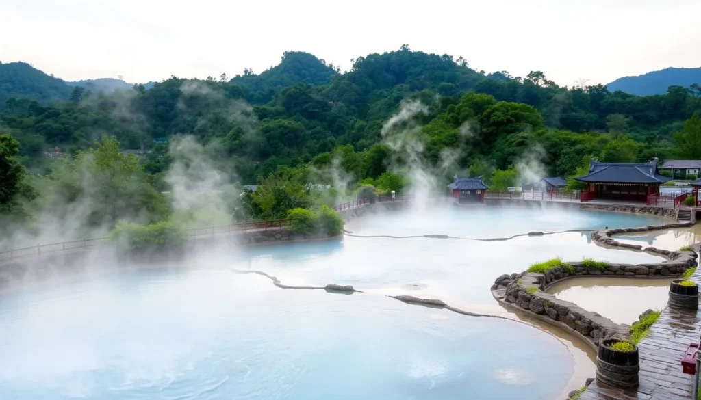 Image of Beitou Hot Springs with steam rising from the thermal waters