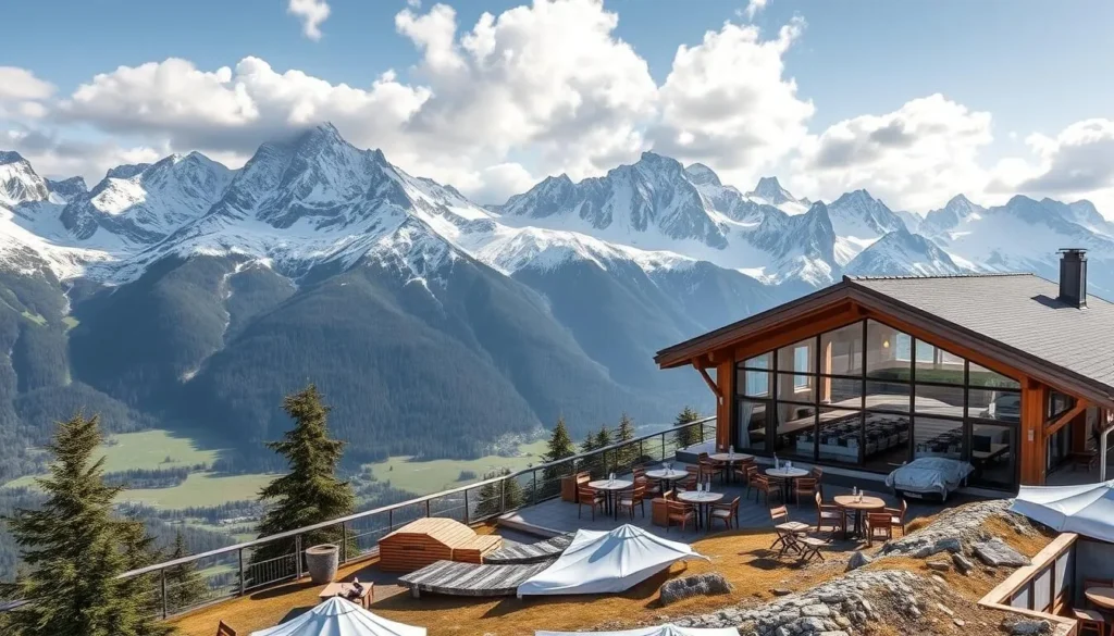Image of Bergrestaurant Startgels in Laax, Switzerland, with a panoramic view of the surrounding mountains