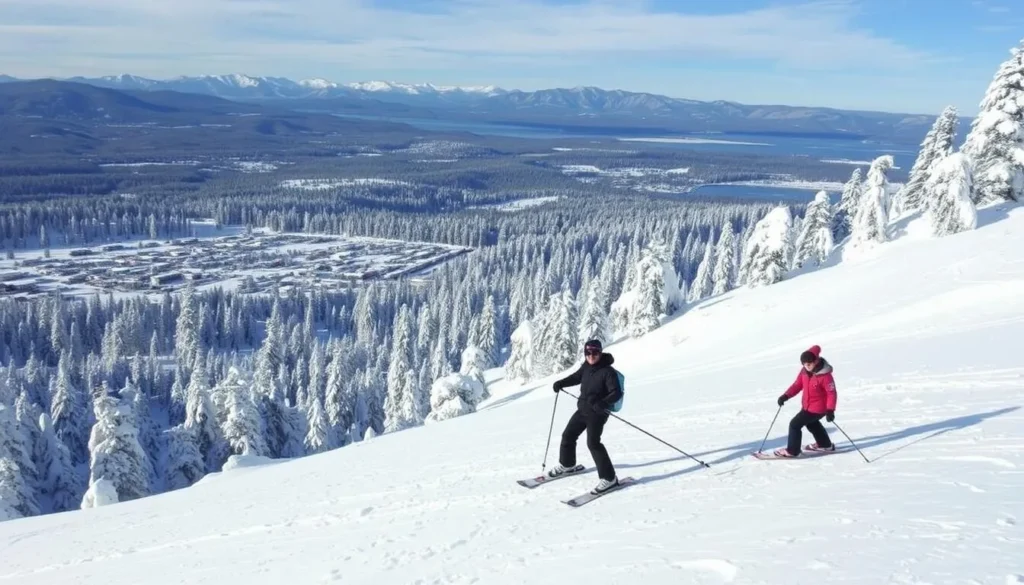 Image of Big Bear's East Shore covered in snow, with people skiing and snowboarding.