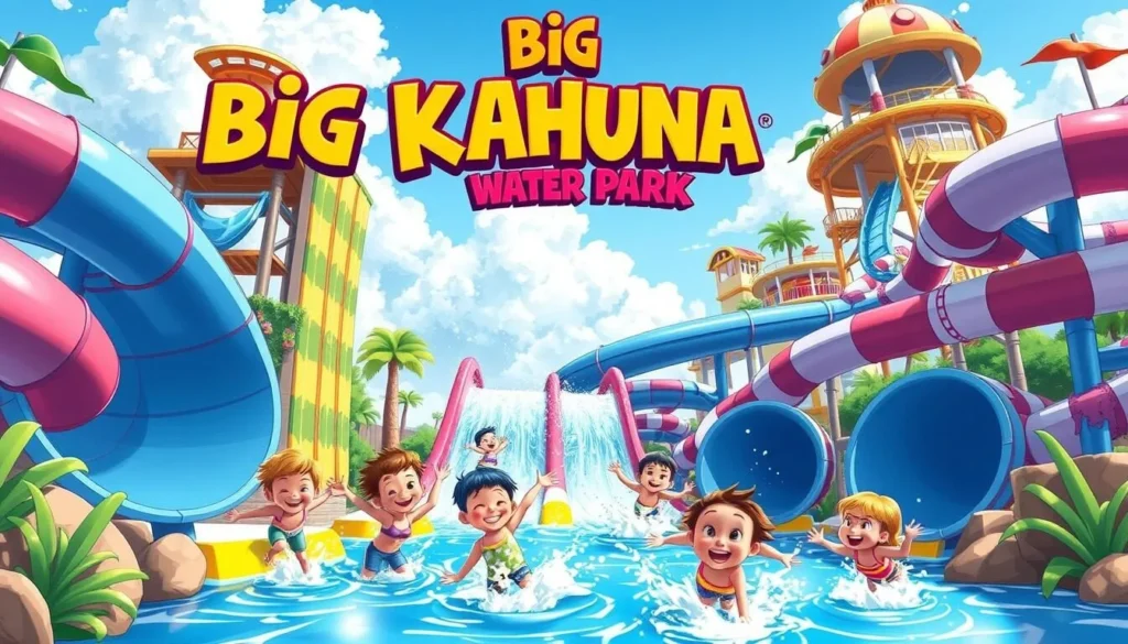Image of Big Kahuna's Water Park with water slides and happy kids