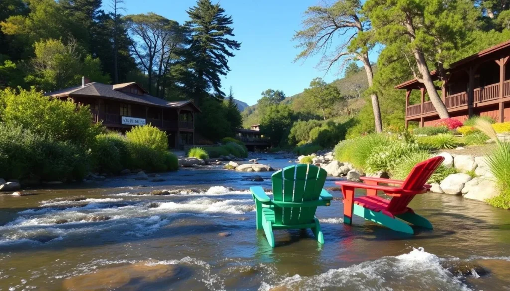 Image of Big Sur River Inn with Adirondack chairs in the river