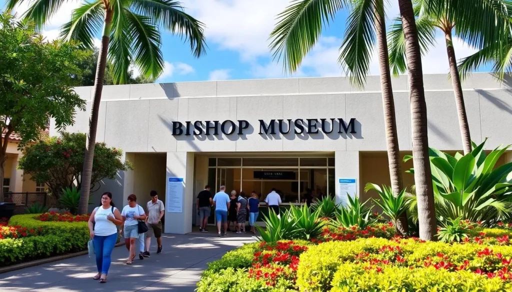Image of Bishop Museum's entrance with a clear view of the ticket counter.