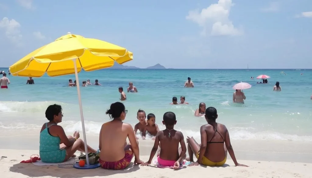 Image of Bonefish Bay San Salvador with families enjoying the beach