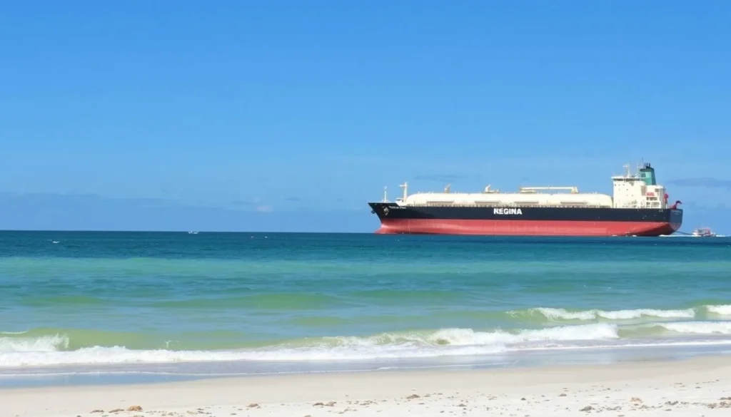 Image of Bradenton Beach with the Regina tanker in the background
