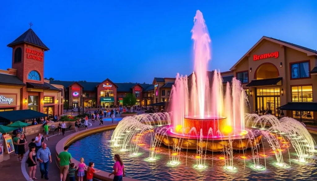 Image of Branson Landing shopping center with a fountain show