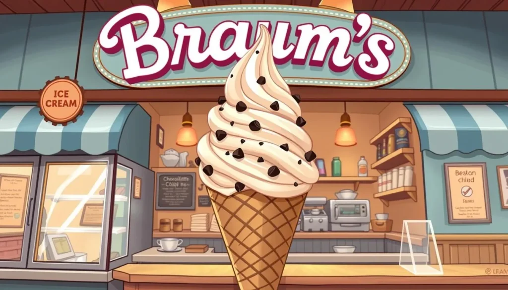 Image of Braum's Ice Cream shop or a cone with chocolate chip cookie dough flavor