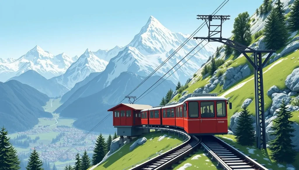 Image of Braunwaldbahn funicular ascending to Braunwald with a backdrop of Swiss Alps