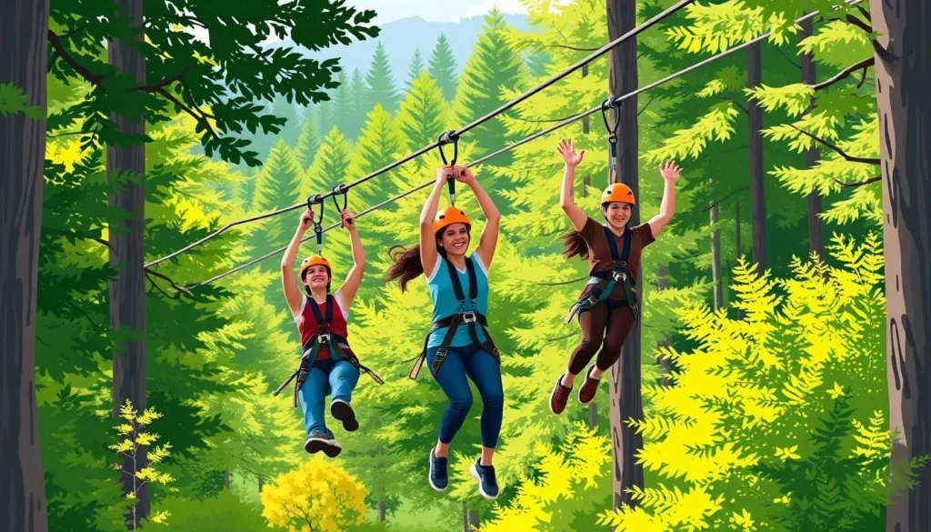 Image of Bretton Woods zipline adventure with people ziplining through the forest