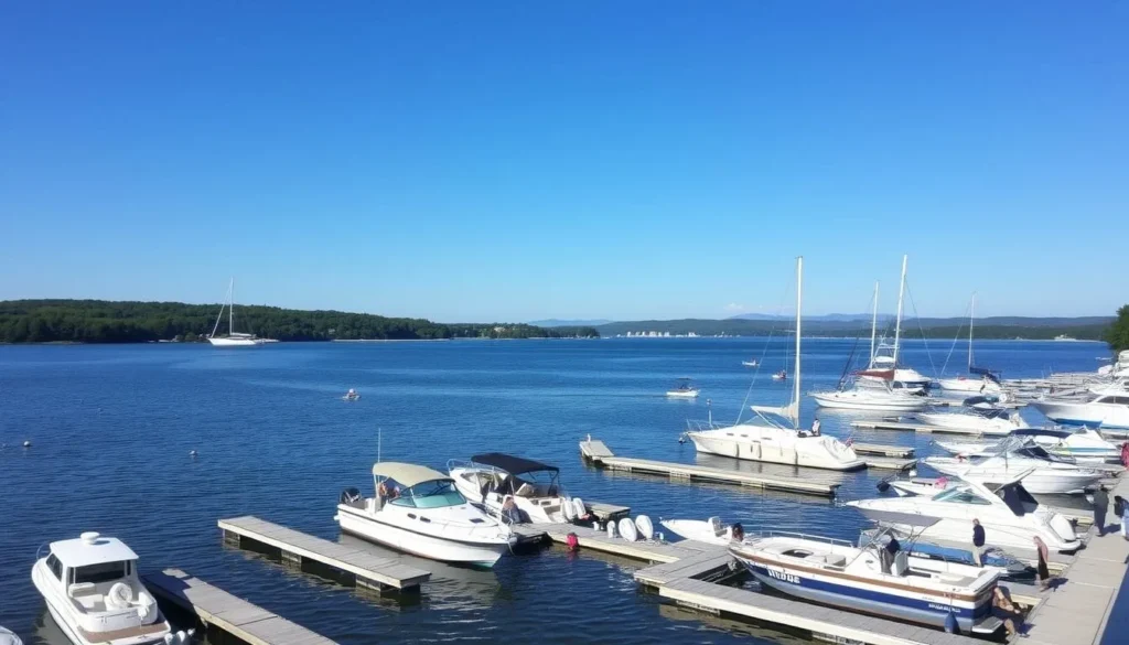 Image of Bull Shoals Lake marinas with boats docked and people enjoying water activities