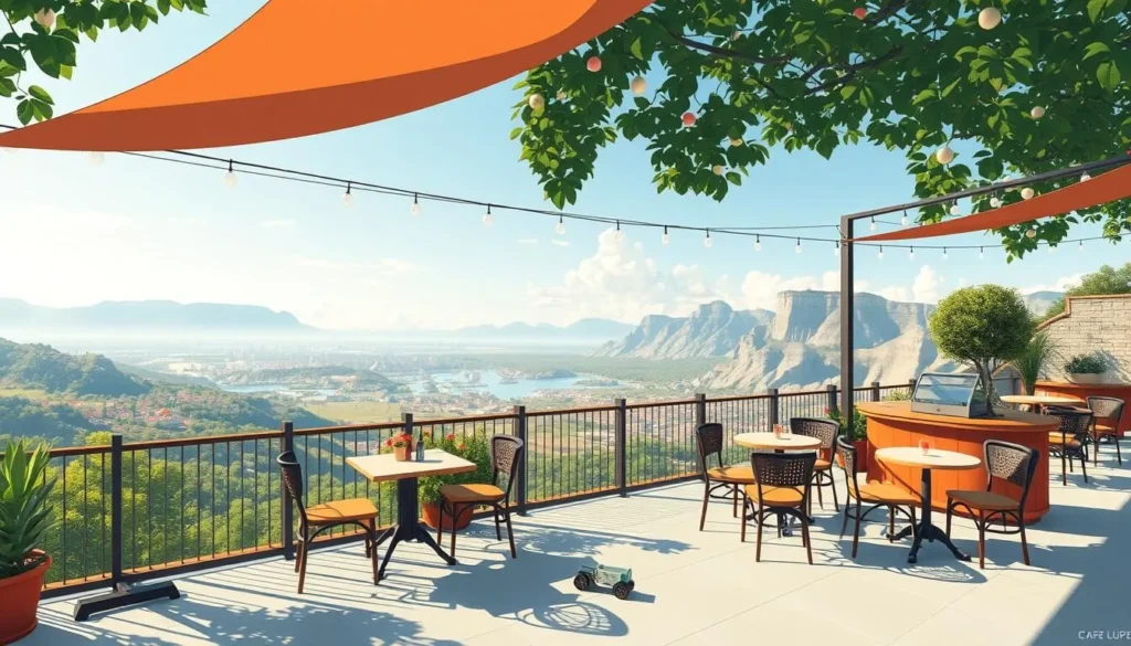 Image of Cafe Lupe's outdoor seating area with a panoramic view
