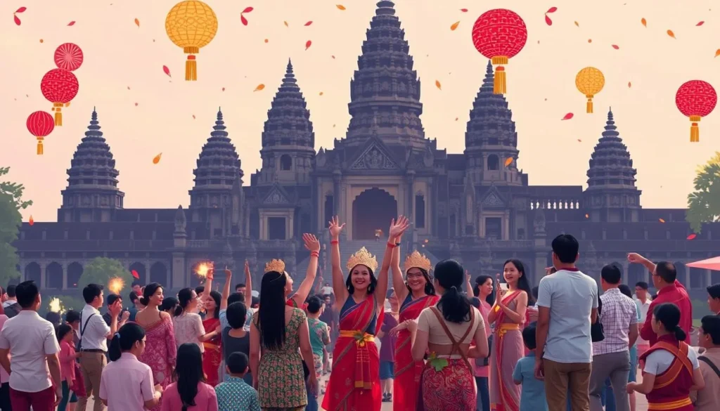 Image of Cambodian people celebrating Khmer New Year at Angkor Wat