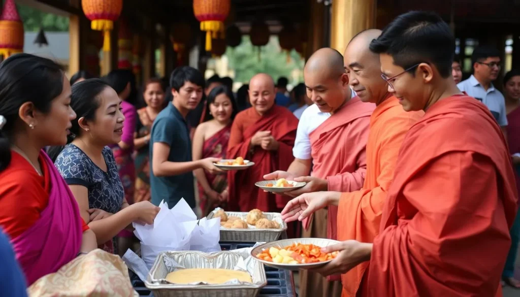 Image of Cambodian people offering food to monks during Pchum Ben