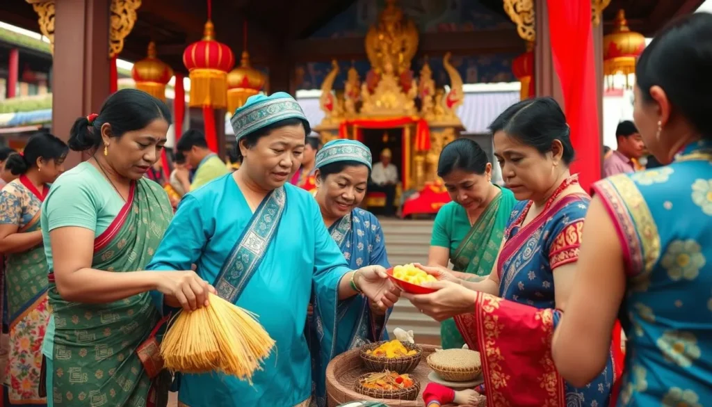 Image of Cambodians making offerings at a temple during Pchum Ben