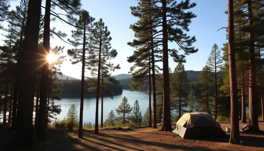 Image of Campo Alto campground with pine trees and a serene lake or river in the background.