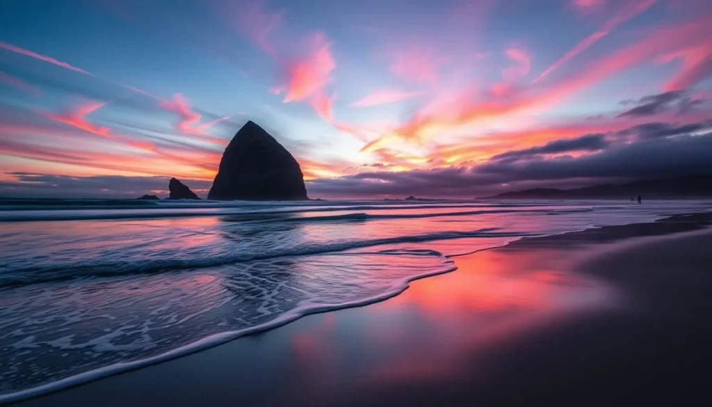 Image of Cannon Beach at sunset with Haystack Rock in the foreground