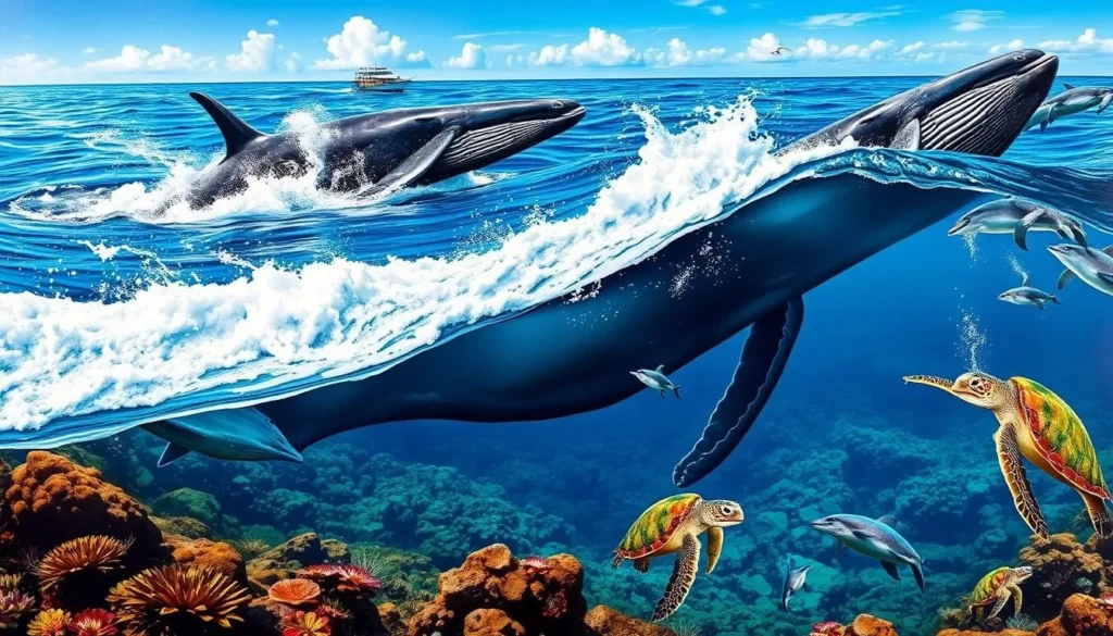 Image of Cape Byron's marine wildlife, including whales, dolphins, and sea turtles.