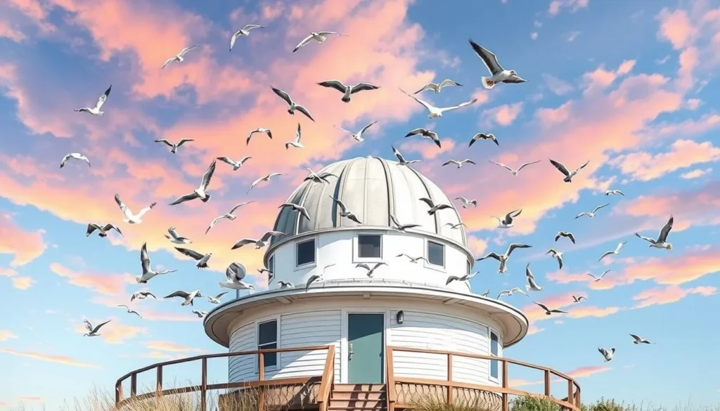 Image of Cape May Bird Observatory with birds flying around it