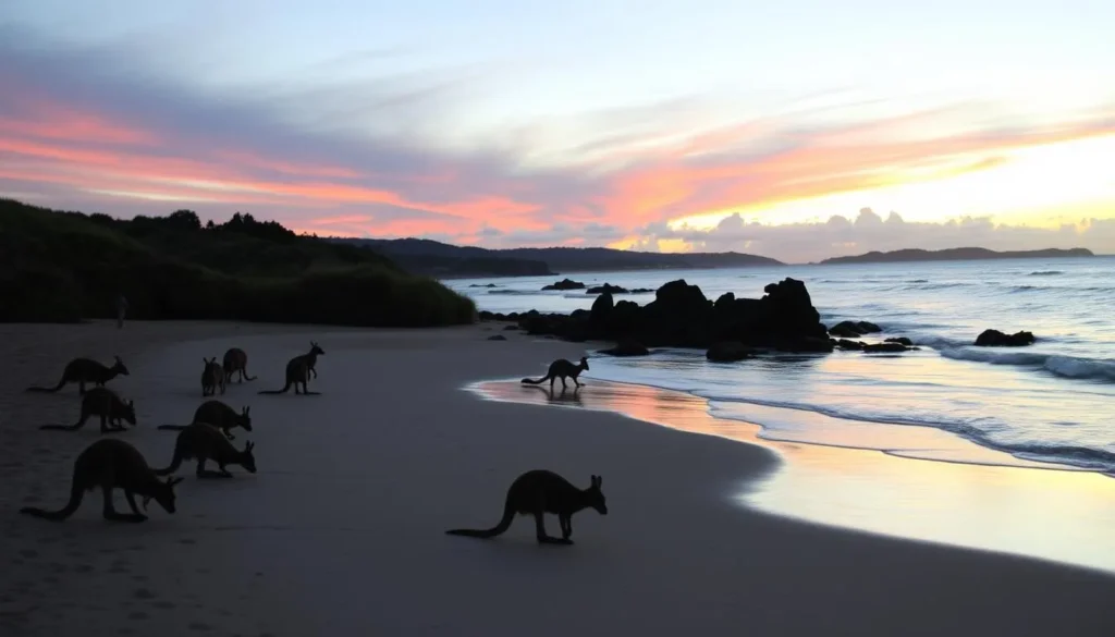 Image of Casuarina Beach at dawn with kangaroos and wallabies