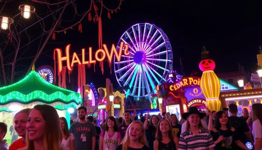 Image of Cedar Point's HalloWeekends with spooky decorations and thrill-seekers