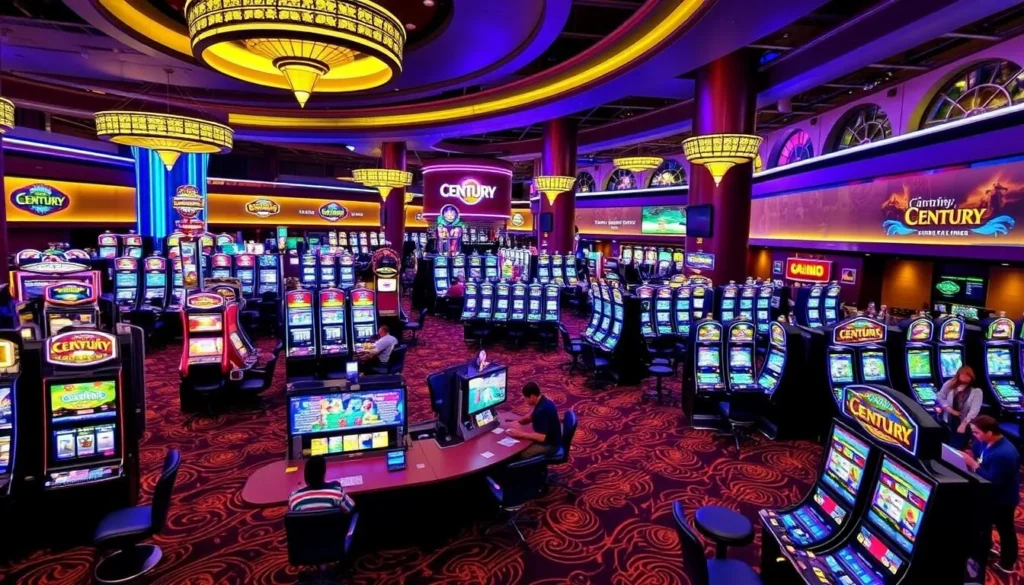 Image of Century Casino's gaming floor with slot machines and table games.