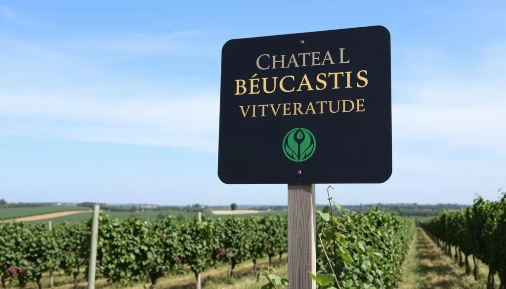 Image of Château Beaucastel vineyards with a biodynamic viticulture sign