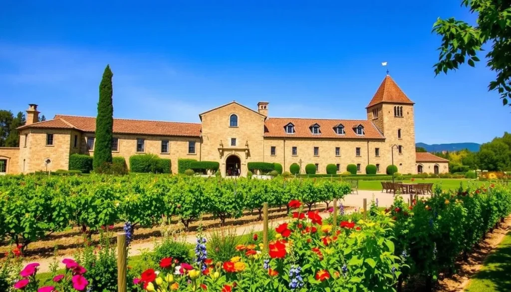 Image of Chateau Montelena's historic stone winery and gardens